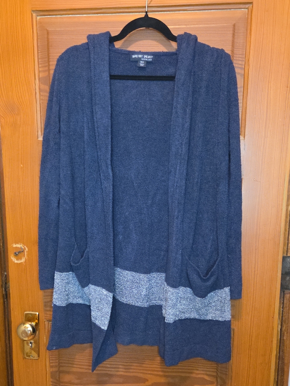 Barefoot Dreams Navy Hooded Open Front Cardigan with Light Heather Band